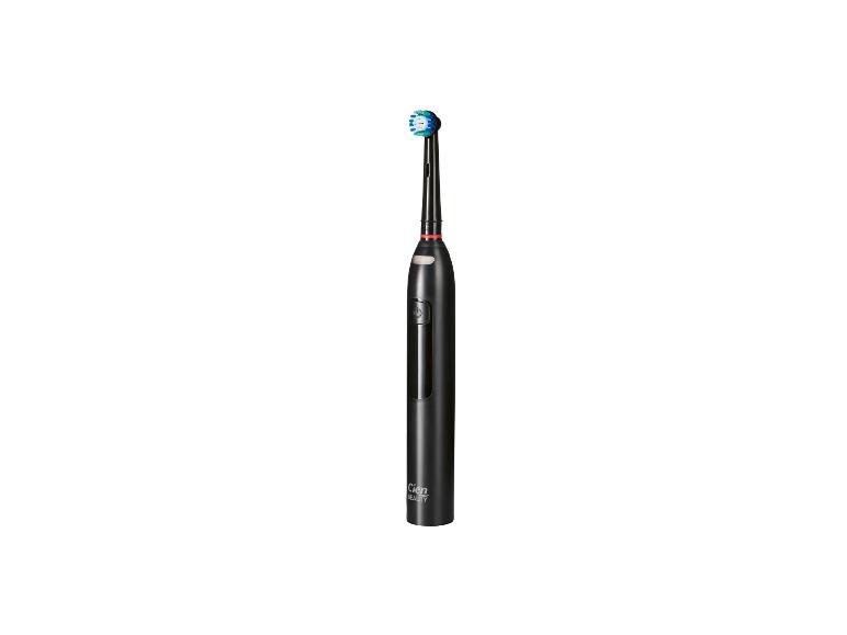 Brosse à dents électrique noire avec une tête ronde à poils bleus et blancs.