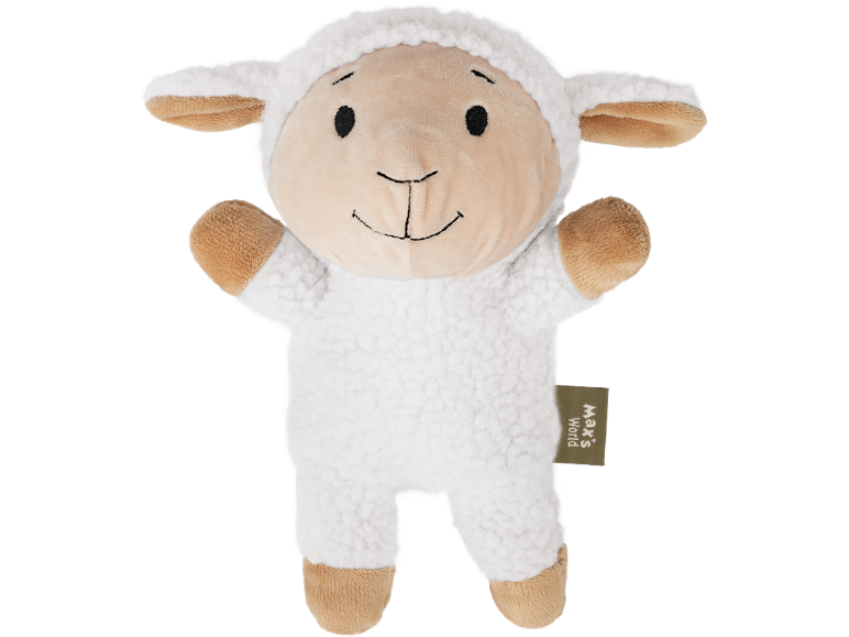 Peluche d'agneau blanche avec un visage beige et des sabots marron