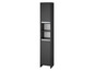 Une armoire de salle de bain noire avec des portes et des étagères ouvertes.