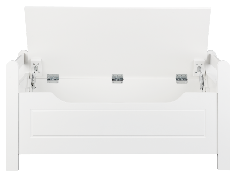 Banc de rangement en bois blanc avec couvercle ouvert et charnières métalliques.