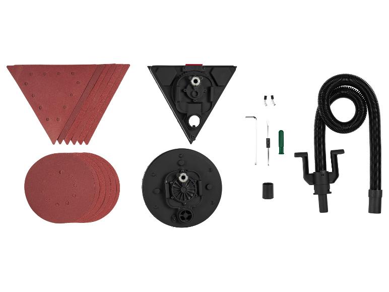 Accessoires pour ponceuse murale : disques de ponçage triangulaires et ronds, têtes de ponceuse et tuyau d'aspiration.