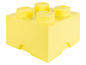 Boîte de rangement LEGO jaune avec quatre briques LEGO.