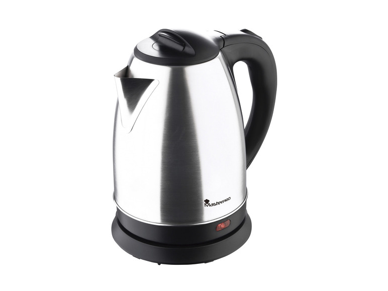 Une bouilloire en acier inoxydable Masterpro avec une poignée noire.