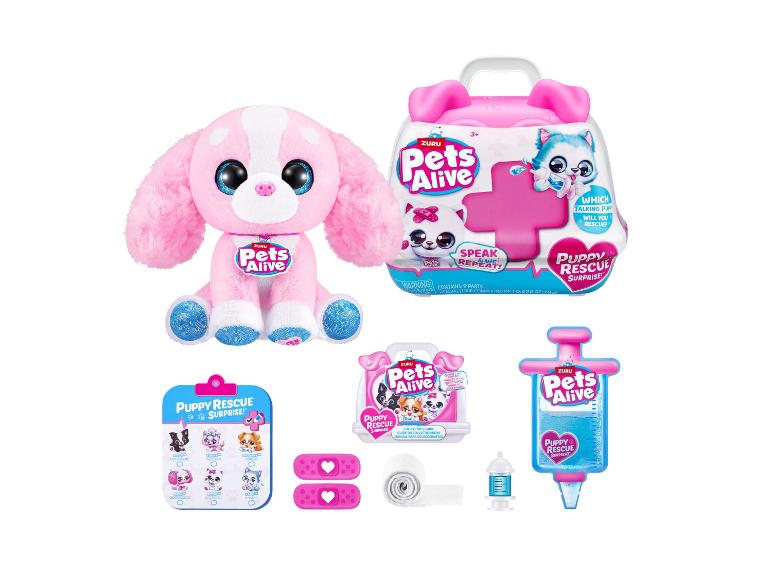 Ensemble de jouets Zuru Pets Alive Puppy Rescue avec une peluche rose et des accessoires.