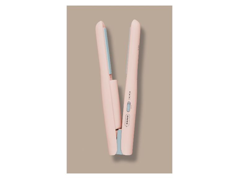 Lisseur rose et bleu avec réglages de température et indicateur de batterie.