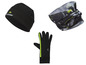 Un bonnet noir, des gants et une écharpe à motifs de la marque Craft.