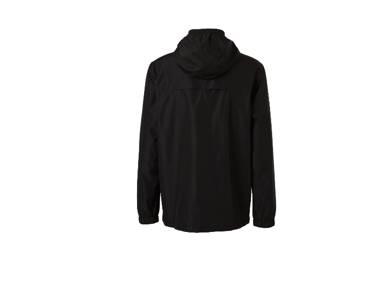 Une veste noire à capuche, vue de dos.