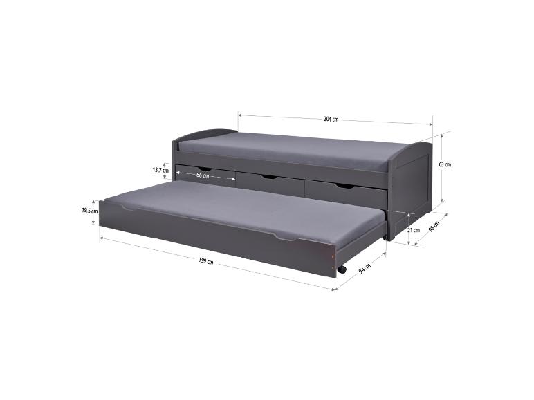 Un lit gris avec un espace de rangement et un lit gigogne.