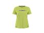 T-shirt de sport vert citron pour femme avec un logo violet sur la poitrine.