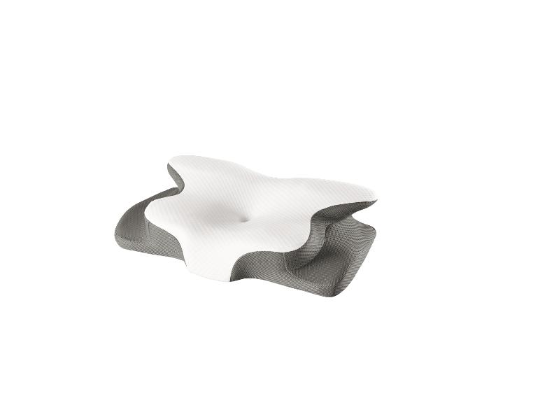 Oreiller orthopédique ergonomique avec housse blanche et maille grise.