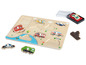 Puzzle en bois avec des véhicules, y compris une ambulance, un camion de pompiers et un bus.