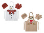 Tabliers de cuisine sur le thème de Noël avec un design de bonhomme de neige et de renne, comprenant des mitaines de four et un bonnet.