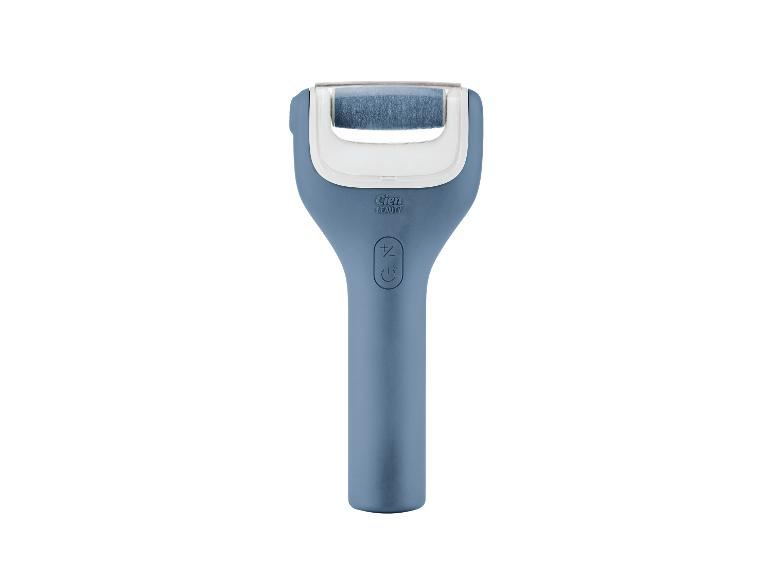 Râpe électrique bleue pour les pieds avec rouleaux abrasifs et boutons de commande