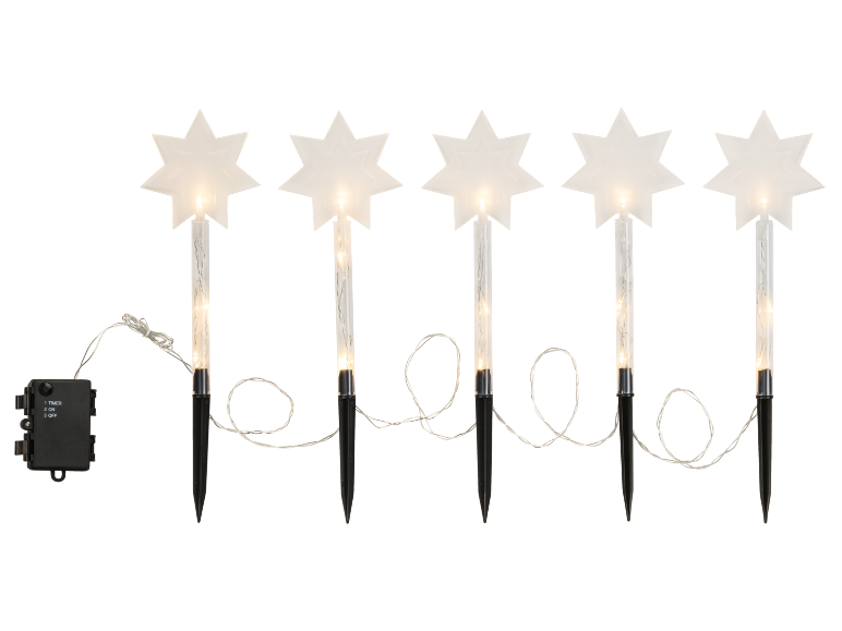 Cinq piquets de jardin lumineux en forme d'étoile avec boîtier à piles et fonction minuterie.