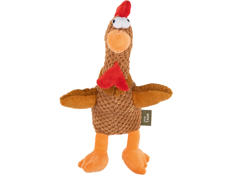 Peluche de poulet marron avec bec et pattes oranges, et crête et barbillon rouges.