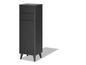 Une armoire noire avec deux tiroirs et une porte à nervures verticales.