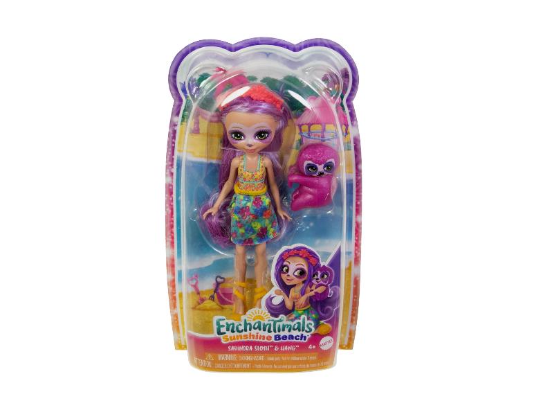 Poupée Enchantimals Sunshine Beach Sabindra Sloth et Hang dans un emballage transparent.