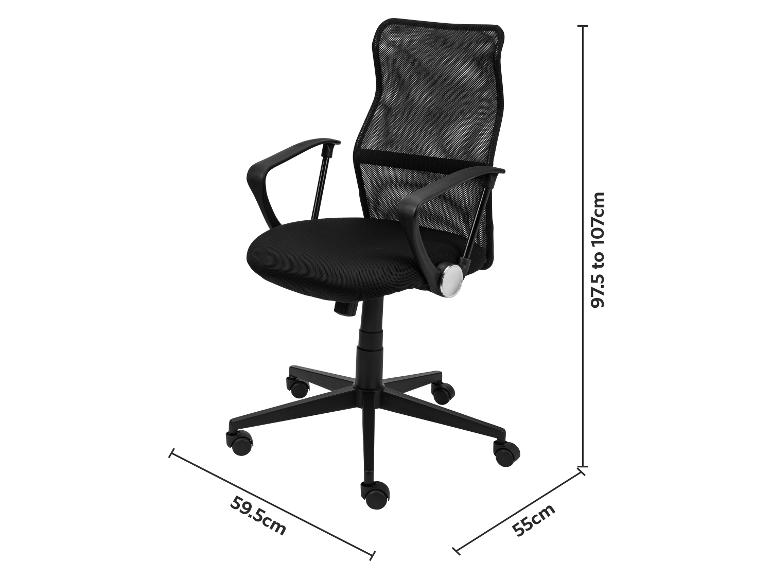Chaise de bureau noire avec dossier en maille et roulettes, dimensions : 97,5-107cm de hauteur, 59,5cm de largeur et 55cm de profondeur.