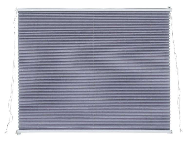 Stores plissés gris avec cadre blanc.