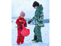 Deux enfants en vêtements d'hiver avec une luge dans la neige.