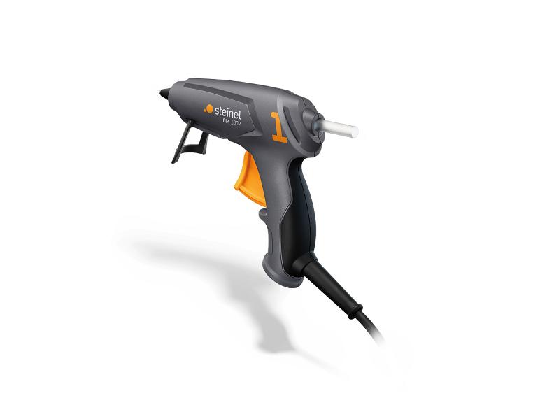 Pistolet à colle chaude gris avec accents orange et bâton de colle