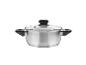 Une casserole en acier inoxydable avec un couvercle en verre.