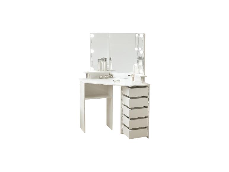 Coiffeuse d'angle blanche avec miroir et lumières, avec plusieurs tiroirs ouverts