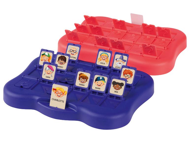 Jeu de société de devinettes avec bases bleues et rouges, avec cartes de personnages et noms.