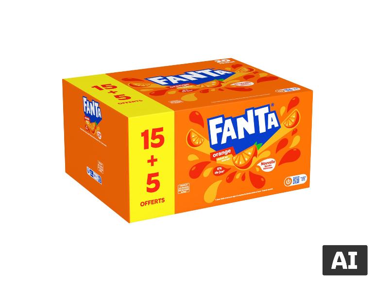 Un pack de 20 canettes de soda à l'orange, avec l'inscription 15 plus 5 offerts. [image générée par l'IA]