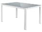 Table moderne avec plateau gris et piétement blanc.