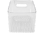 Boîte de rangement en plastique transparent avec poignée rectangulaire et fond nervuré.