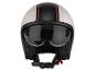 Casque de moto blanc avec bande noire et rouge, avec visière transparente.