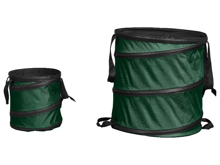 Deux sacs de jardin pliables verts, un plus petit et un plus grand.