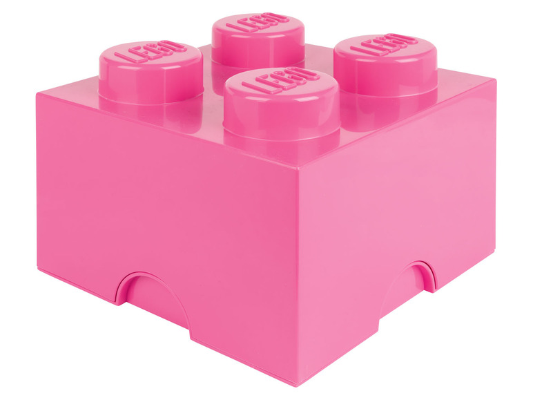Une boîte de rangement LEGO rose.