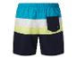 Shorts de bain multicolores : bleu turquoise, blanc, jaune pâle et marine.