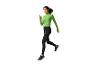 Femme en haut de course vert et leggings de course noirs en train de courir.
