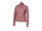 Une veste de sport rose avec une fermeture éclair et un logo noir sur la poitrine.