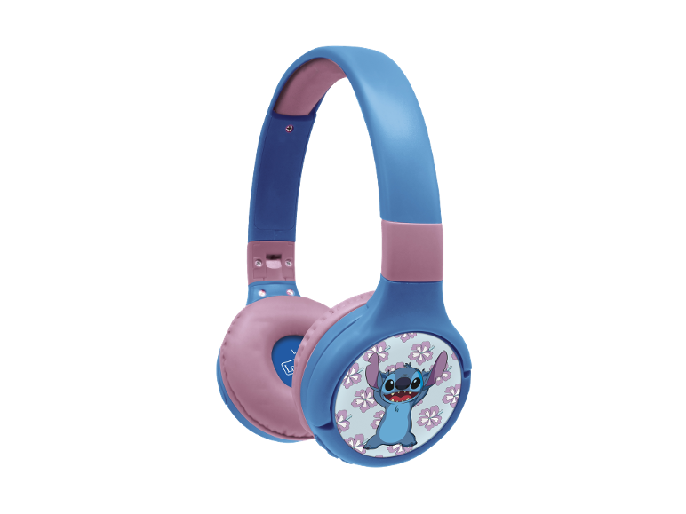 Casque bleu et rose avec personnage de dessin animé et motif floral.