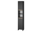 Une armoire de salle de bain noire avec deux portes et une étagère ouverte.
