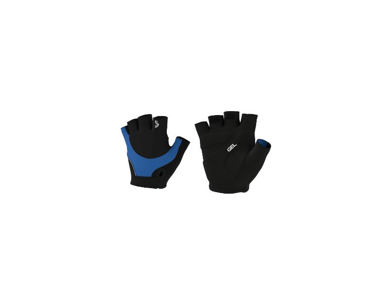Paire de gants de cyclisme sans doigts noirs et bleus avec rembourrage en gel.
