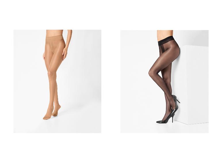 Collants femme beiges et noirs, portés sur les jambes.