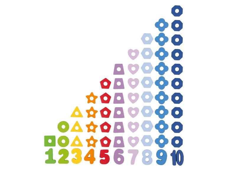 Nombres, formes géométriques et fleurs en bois colorées.