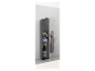 Armoire de salle de bain haute grise foncée avec étagères et porte.