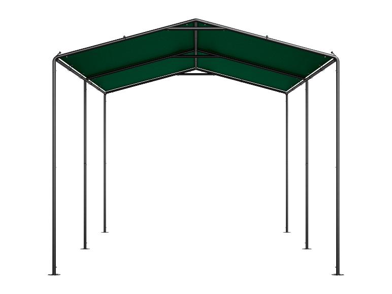 Tonnelle ou abri de voiture vert avec une structure métallique robuste.