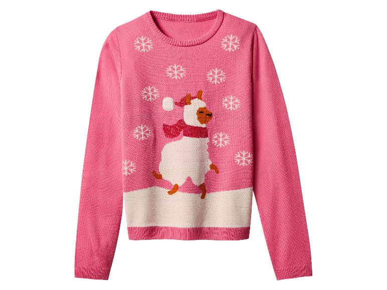 Pull de Noël rose avec un lama portant un bonnet de Père Noël et une écharpe, entouré de flocons de neige.
