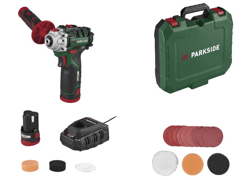 Polisseuse sans fil avec batterie, chargeur, mallette et divers accessoires de polissage.