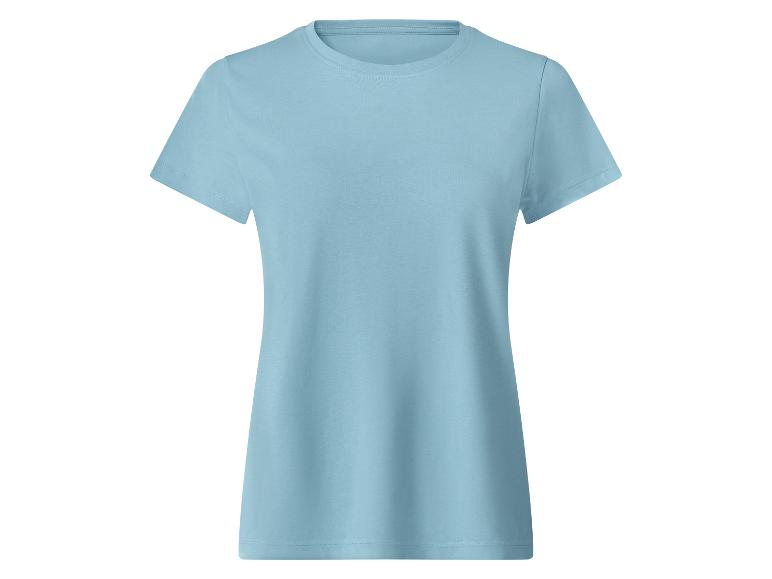 T-shirt femme bleu clair à manches courtes et col rond.