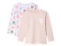 Deux t-shirts manches longues pour bébé, un avec un motif de lapins et un autre rose clair avec un lapin.