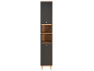 Armoire haute gris foncé avec étagères ouvertes en bois et portes avec poignées.