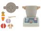 Ensemble de jouets mixeur et aliments en bois, comprenant carotte, tomate, oignon et champignon.